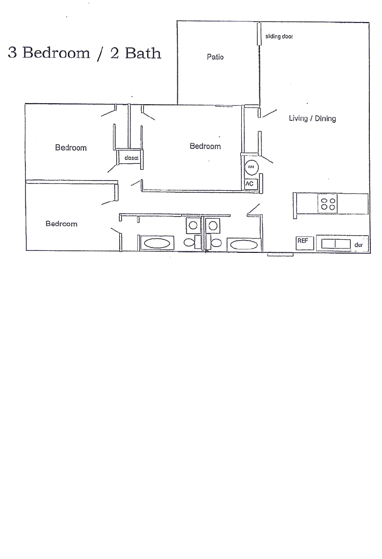 Floor plan for 3 beds, 2 baths, 972 sqft